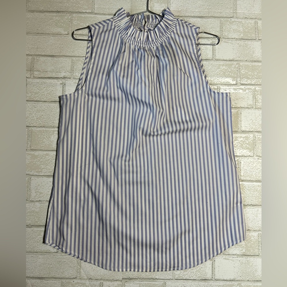 Banana Republic Blue and White Striped Sleeveless Ruffled Coastal Grandma